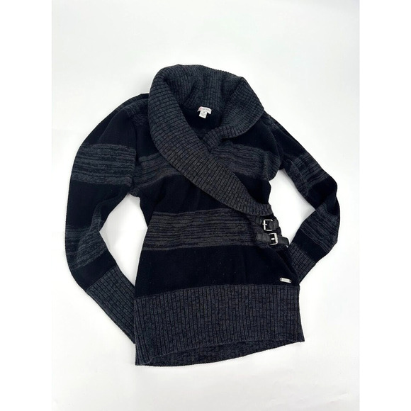 Guess Black Striped Shawl Collar Buckle Long Sweater Top Size S/P Y2K Preppy - Picture 4 of 7